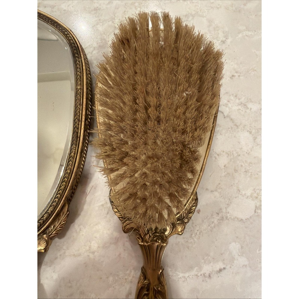 Antique Victorian Gilt Brass Vanity Set Mirror & Brush Matching Guilloché c.1900 - Picture 11 of 12